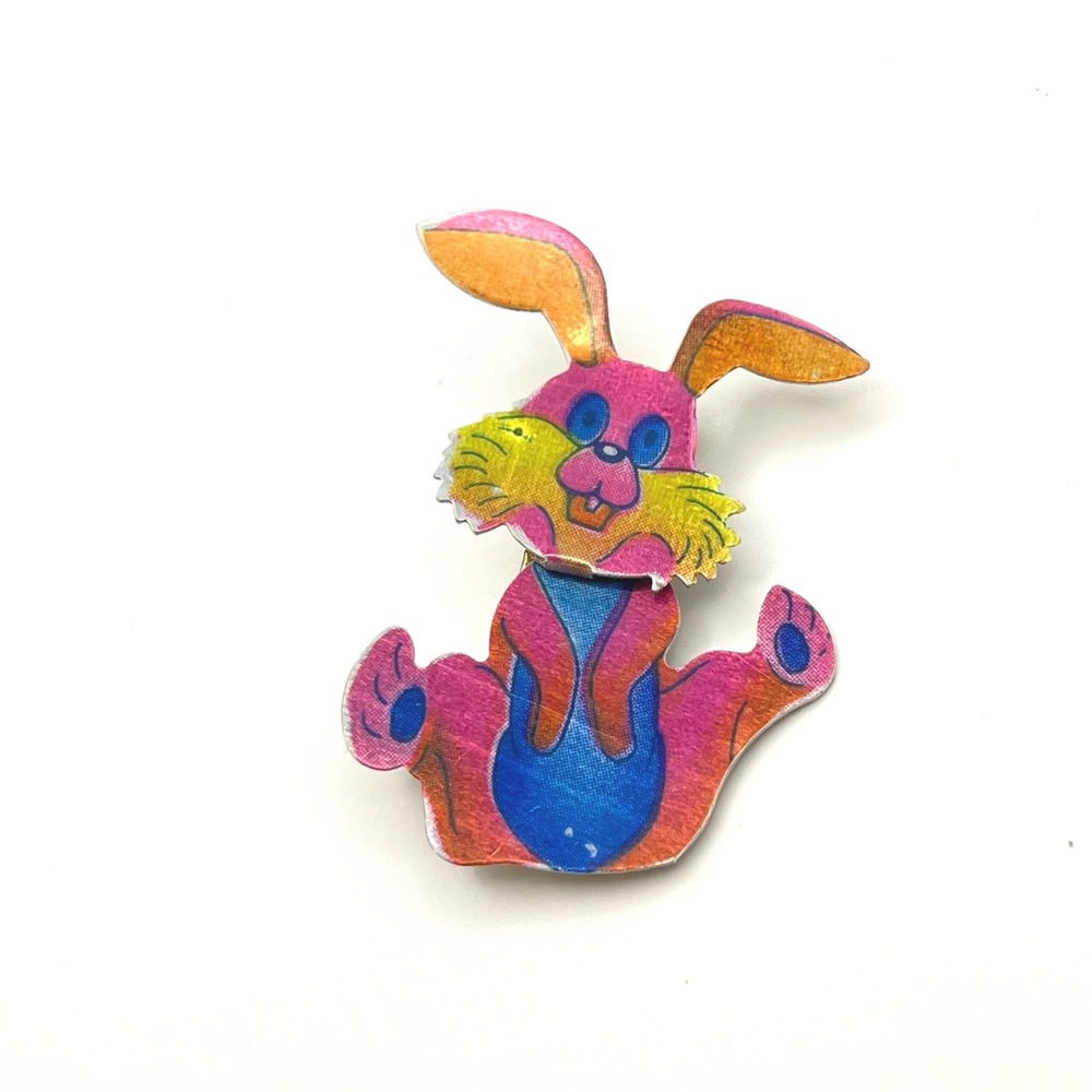 Vintage Pink Bunny Rabbit Brooch Multi Color Metal Retro Kitsch Lapel Pin